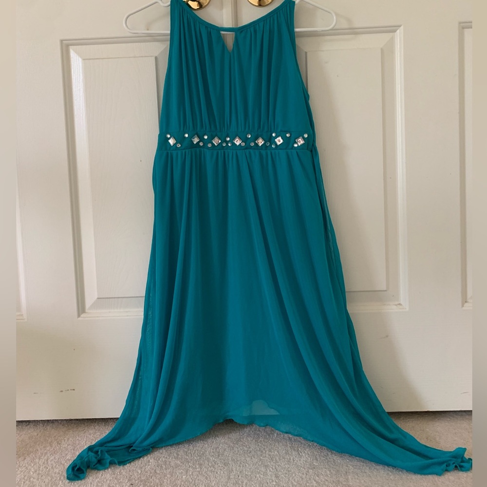 Teal Blue Formal Dress with Gem Details and Tie Back